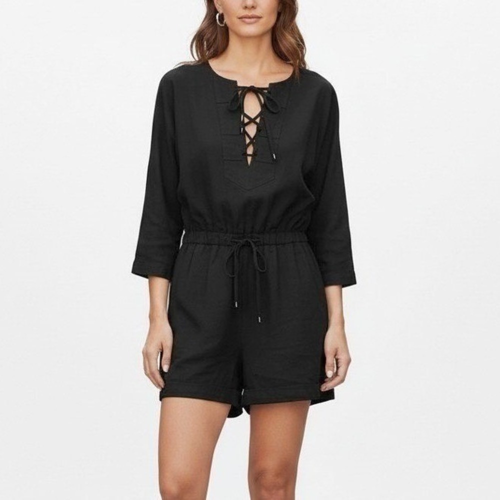 Derek‎ Lam 10 Crosby Lace Up Romper Size 2 Black Linen Blend Shorts - NEW